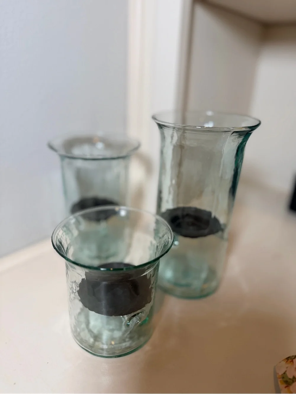Handblown Glass Hurricane Candle Holders - Clear Aqua - Unbranded